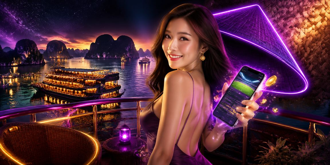 Người đội nón lá xem tỷ lệ kèo casino trên điện thoại tại vịnh Hạ Long