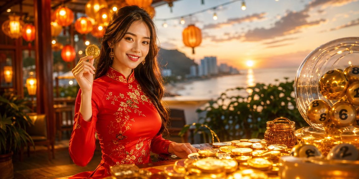 Người phụ nữ mặc áo dài tại Hội An theo dõi kết quả xổ số và cược trên điện thoại